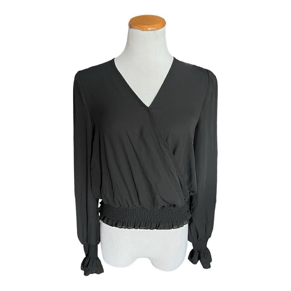 NWT Womens Ultra Flirt Faux Wrap Black Stunning Peplum Top Blouse - Sz S